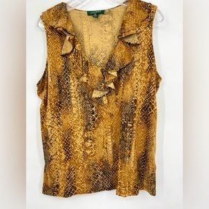 Ralph‎ Lauren, tank top with ruffle at neck line, python animal print, sz 2X